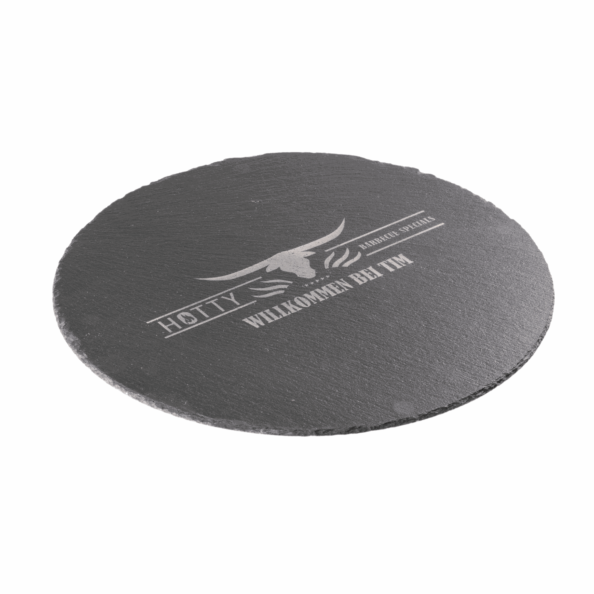 Rundes Schiefer-Tischset mit personalisierter Gravur, edles rustikales Design und rutschfesten Filzgleitern.
