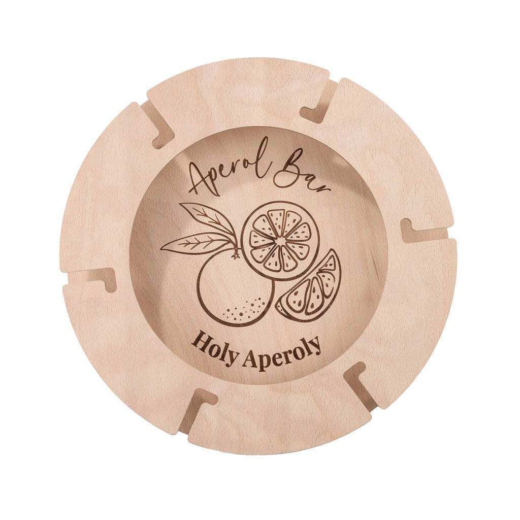 AperitifBar Valencia aus Naturholz mit "Holy Aperoly"-Design für Aperol-Gläser.