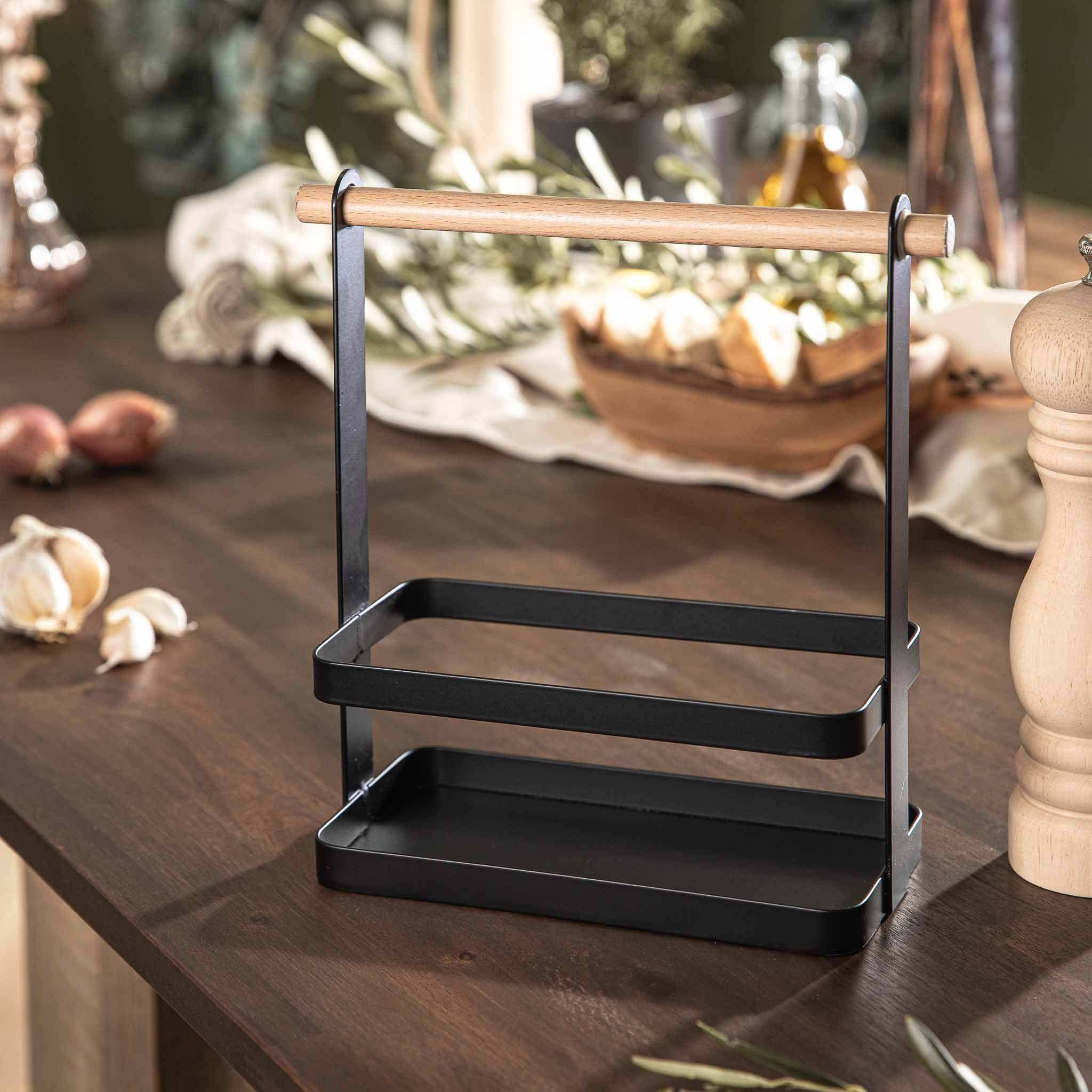 Mattschwarzer Tisch Caddy mit Holzgriff auf einem Holztisch, ideal für Grillzubehör und Organisation.