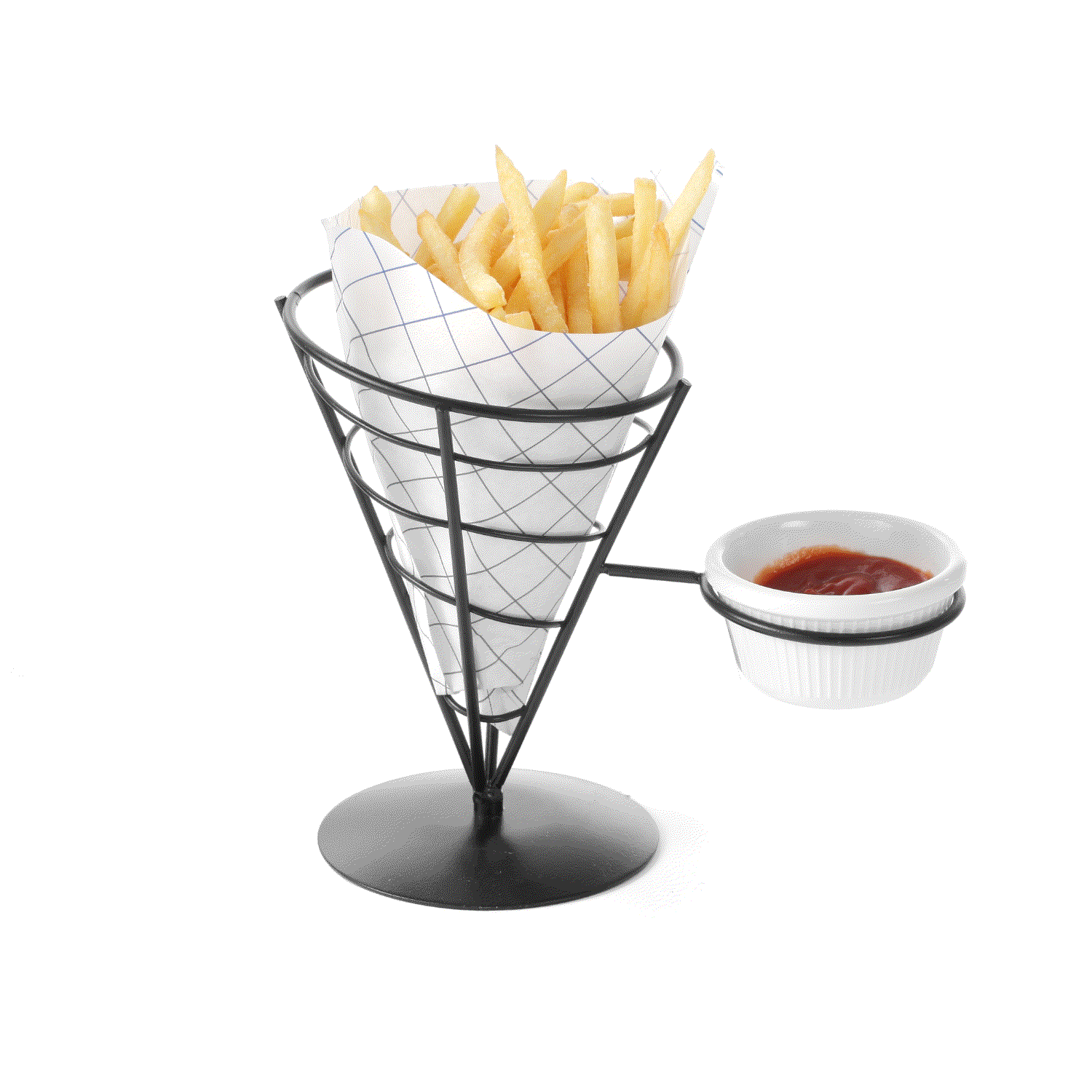 Pommestütenhalter mit Pommes und Dipschale, stylish und robust, schwarzes Metall.