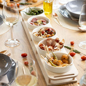 HOTTY TapasBar on wooden board with ceramic bowls for tapas, dips, and snacks, ideal for BBQ and gatherings.