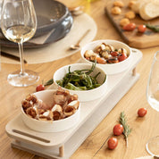HOTTY TapasBar with ceramic bowls on wooden tray, ideal for BBQs and snacks.