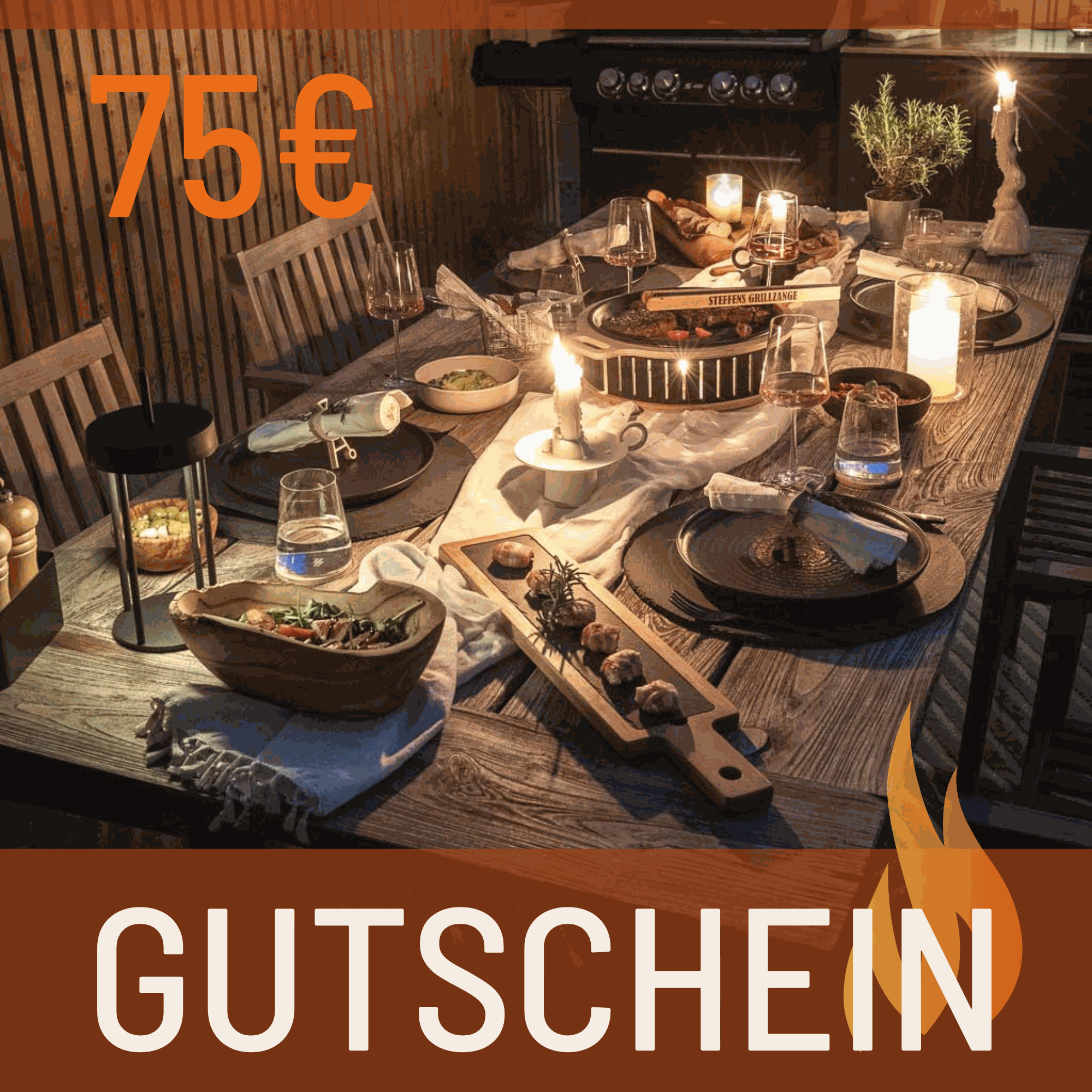 HOTTY Gutschein, 75€ gift voucher, candle-lit dinner setting, BBQ theme, easy to print and redeem.