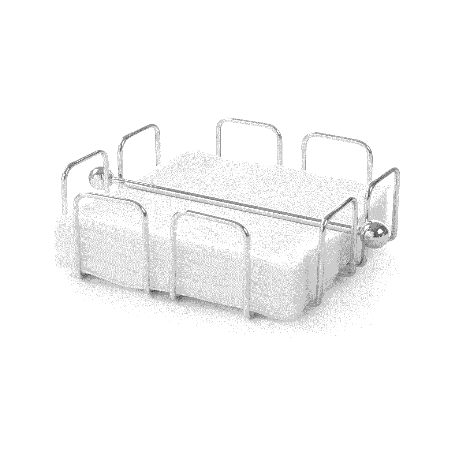 Chrome napkin holder with sleek design and wind-resistant bar for BBQ setups.