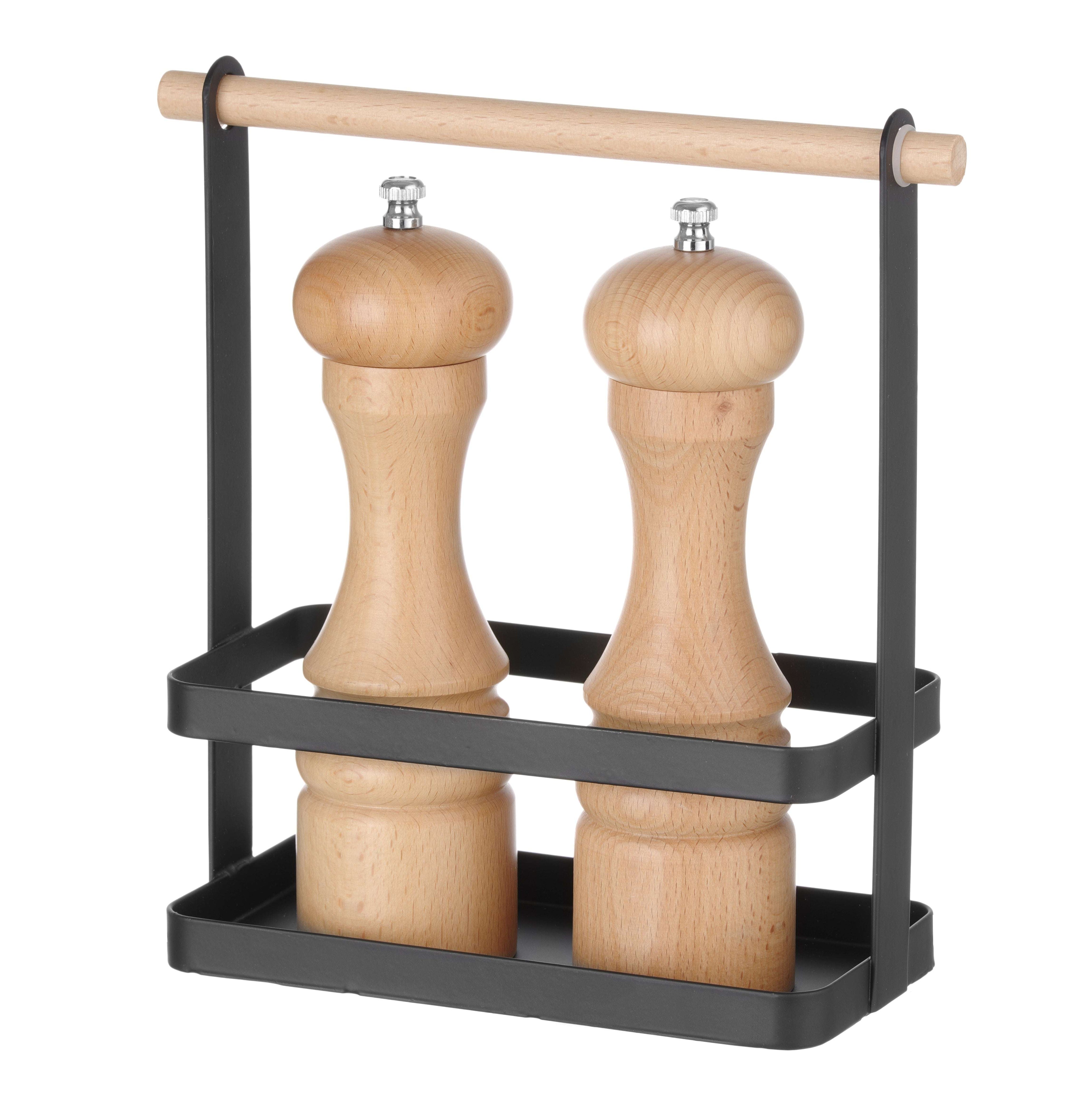 Tisch Caddy mit zwei Holz-Pfeffermühlen, schwarzer Stahlrahmen, Holzgriff.