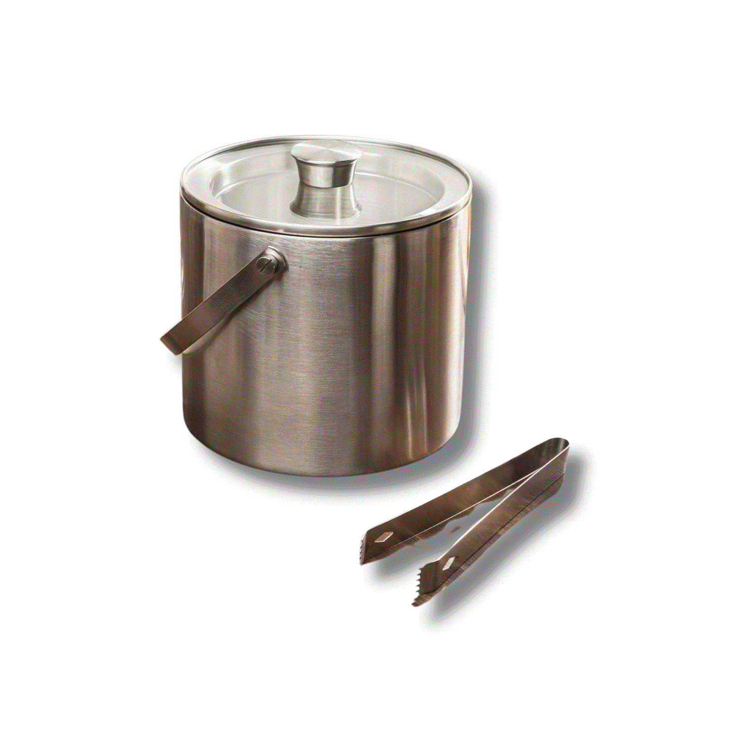 Stylish stainless steel icebucket with glass lid and tongs, ideal for keeping drinks cold at parties.