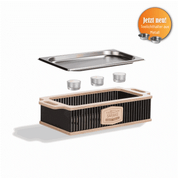 Hotty Legacy Grill-Warmhalteplatte mit Edelstahlplatte, Glas-Teelichthaltern und Holzkorpus für gesellige Grillrunden.
