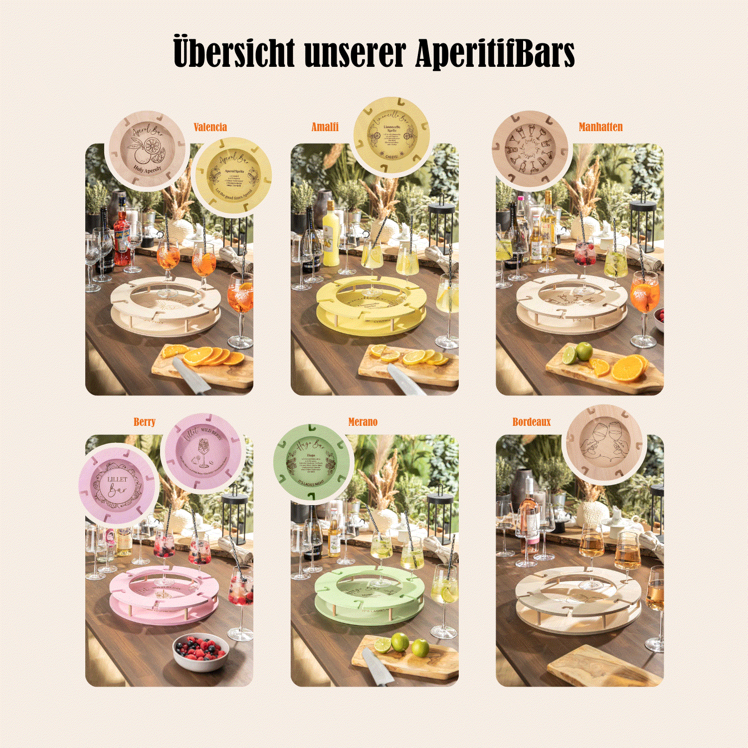 Übersicht der AperitifBars, darunter Valencia in Sommergelb und Naturholz, auf einem Tisch mit Aperol-Gläsern.