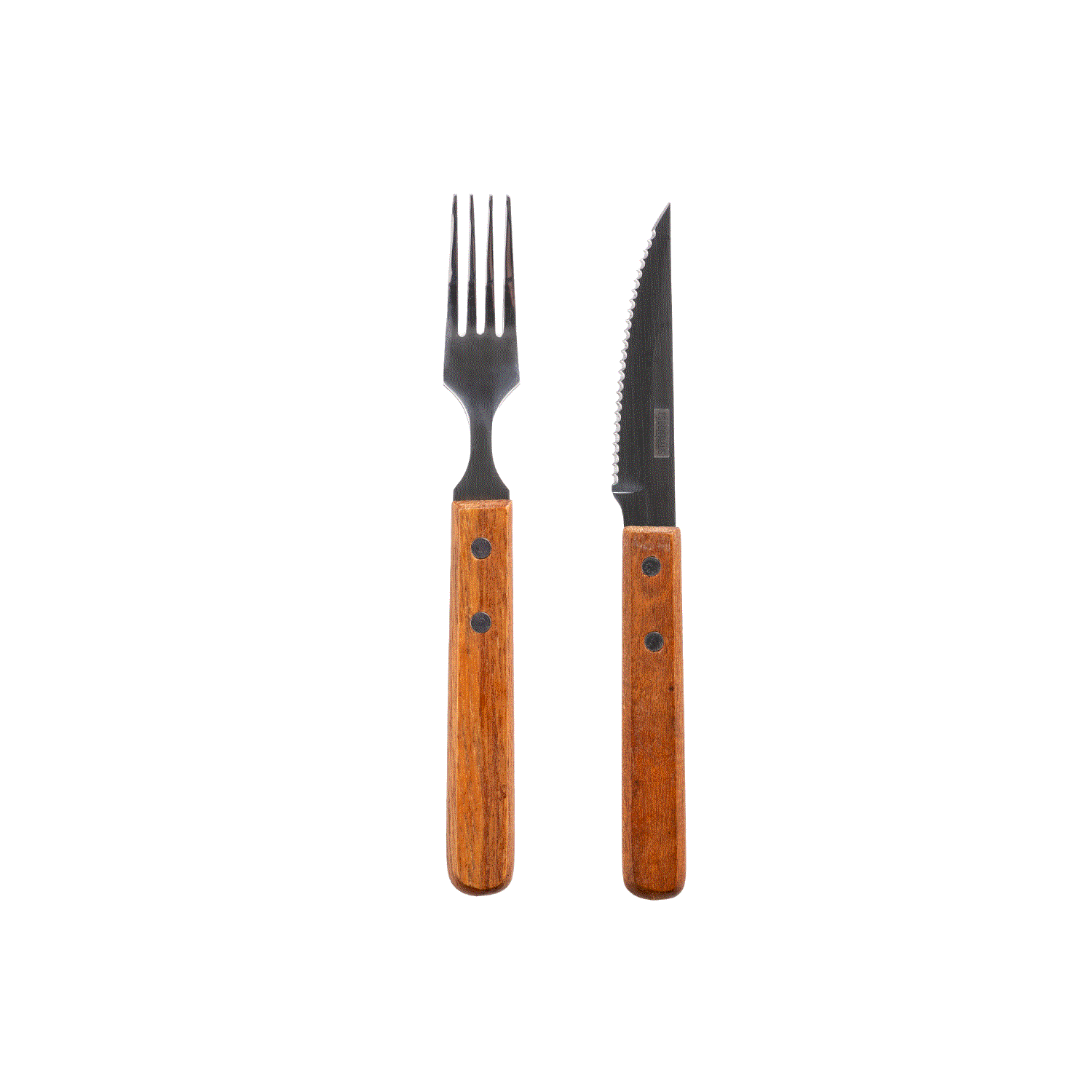 Steakbesteck mit Hartholzgriffen und Edelstahlklingen, rustikales Design.