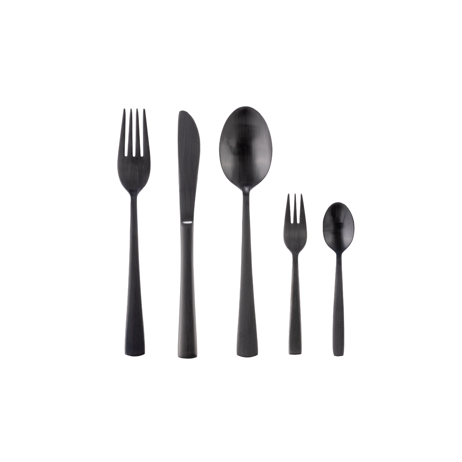 HOTTY Besteck-Set aus matt-schwarzem Chromnickelstahl, bestehend aus Messer, Gabel, Löffel, Dessertgabel und Dessertlöffel.