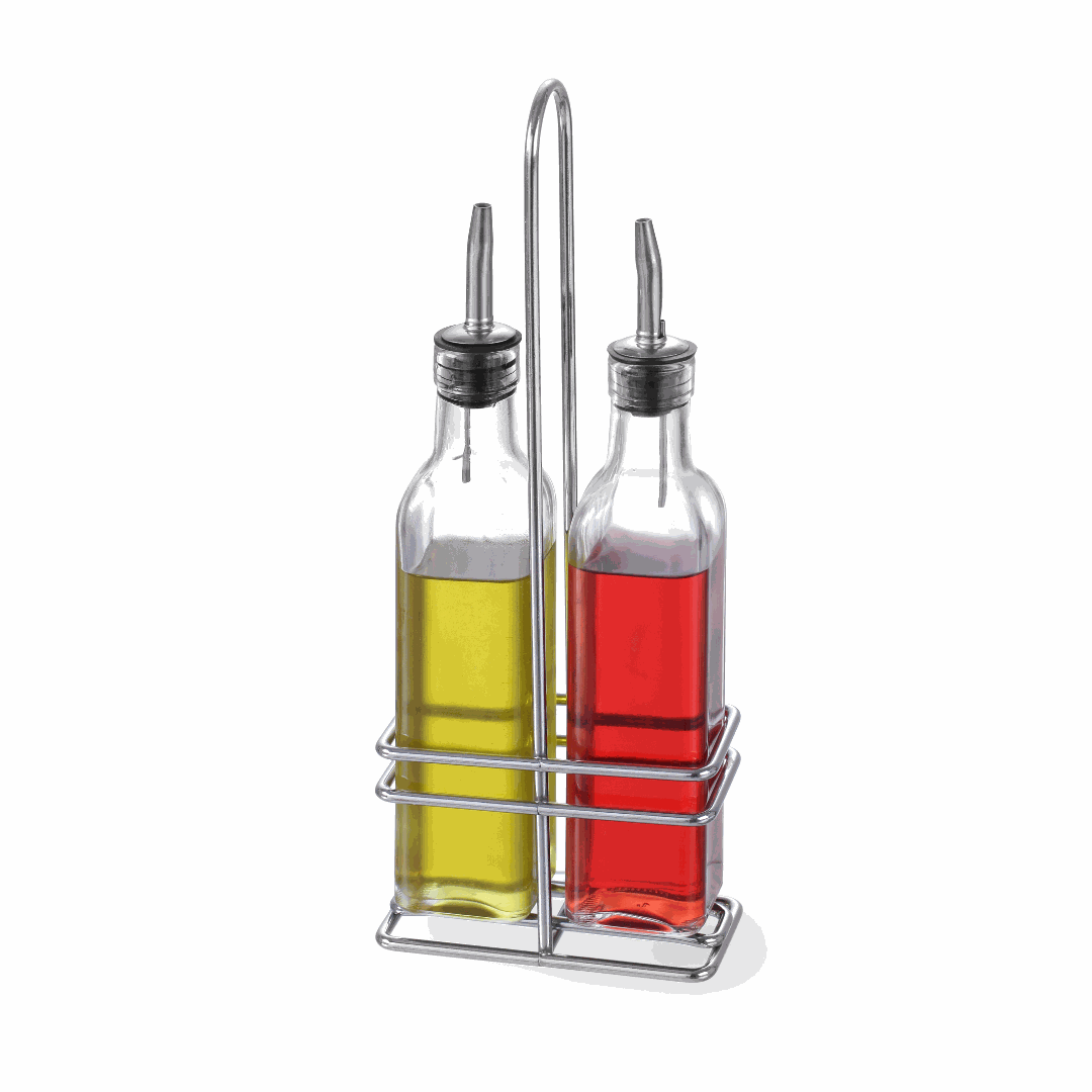 Menage Essig und Öl aus Glas mit Edelstahlausgießer im verchromten Gestell.