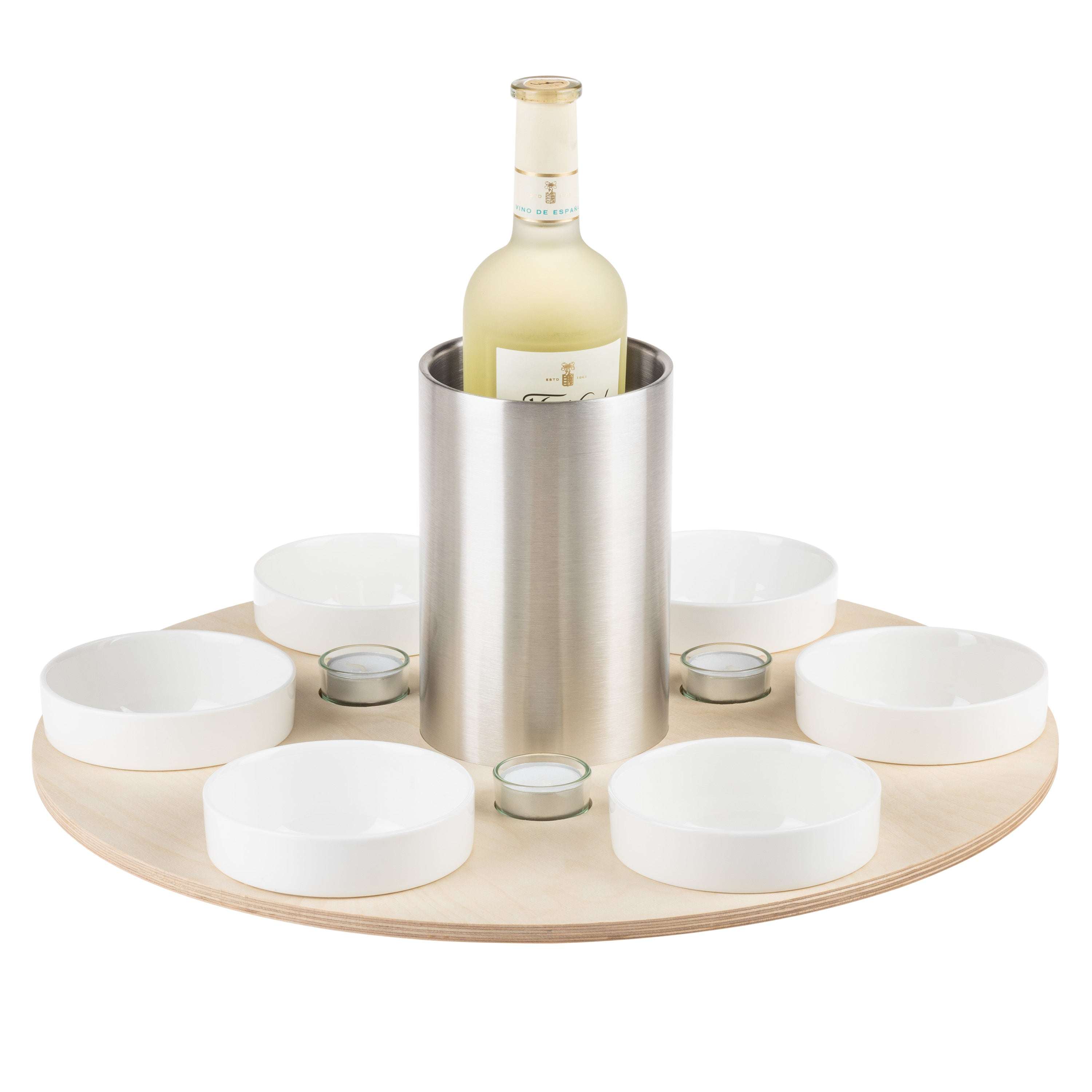 Robuster Drehteller mit Weinkühler, 6 Porzellanschalen und Teelichthaltern, ideal für Tapas und Weinabende.