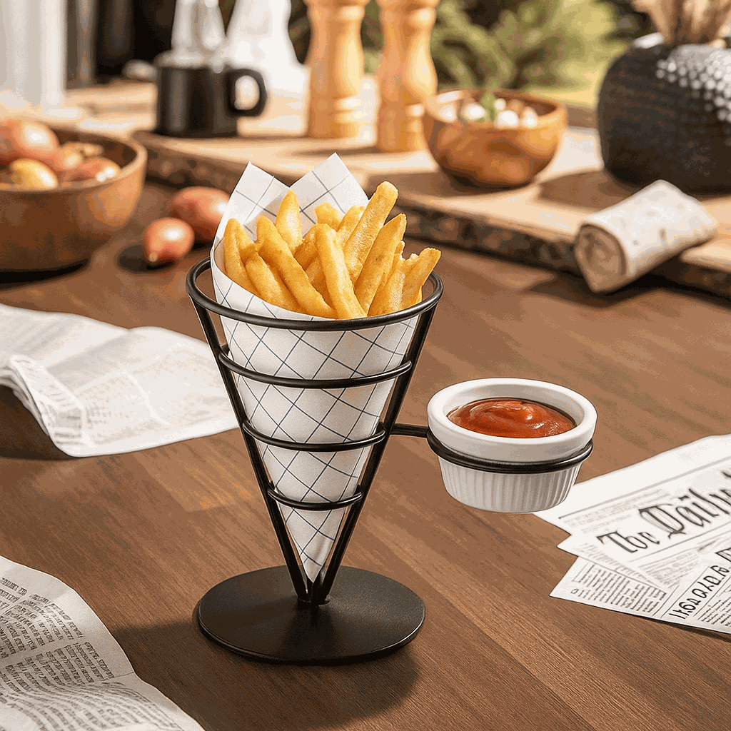 Pommestütenhalter in schwarzem Metall mit Servierschale für Dip und Pommes.