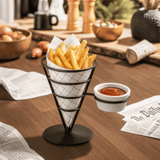Pommestütenhalter in schwarzem Metall mit Servierschale für Dip und Pommes.