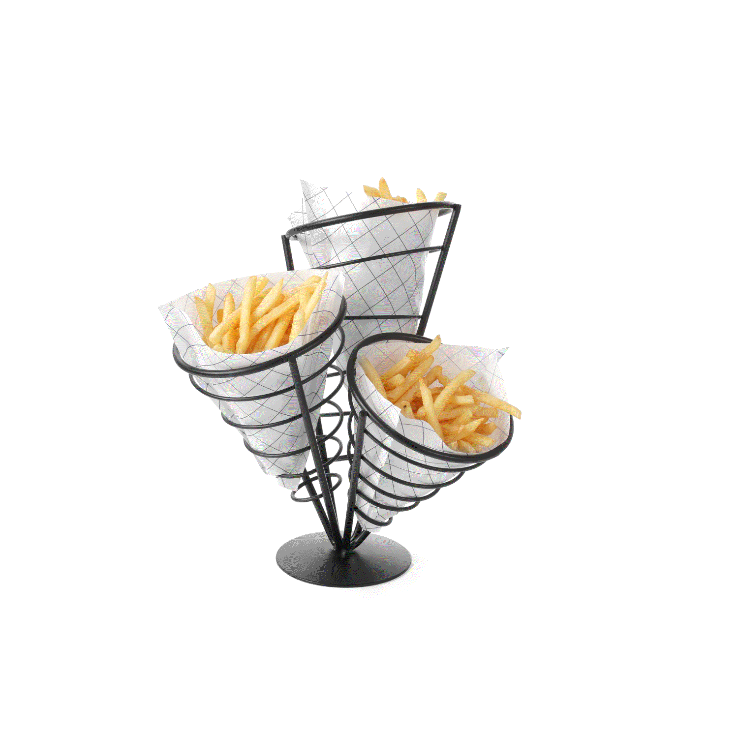 Pommestütenhalter aus schwarzem Metall mit drei Halterungen für Pommes Frites.