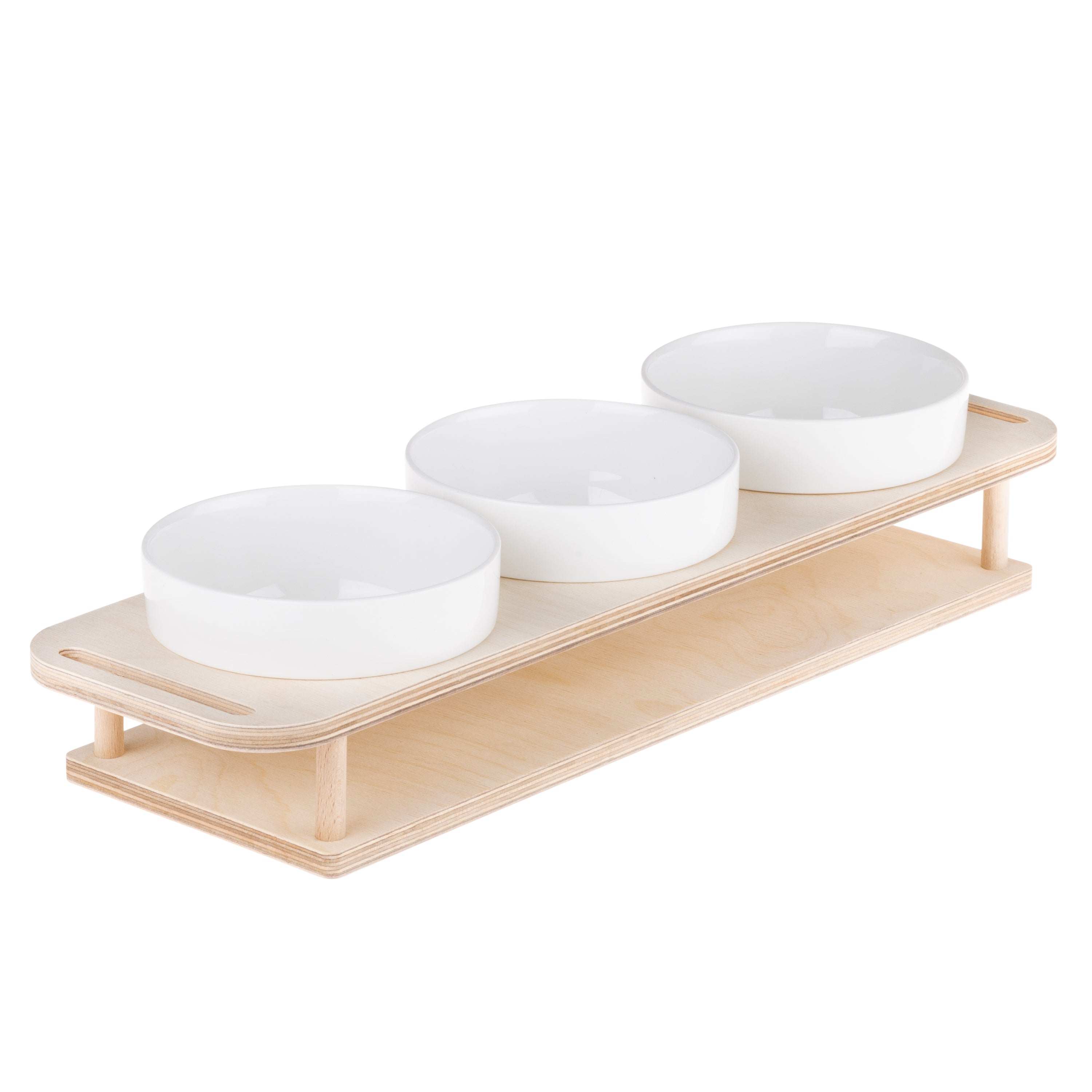 HOTTY TapasBar mit drei weißen Keramikschalen auf einem Holzbrett, ideal für Tapas und Snacks, platzsparendes Design.
